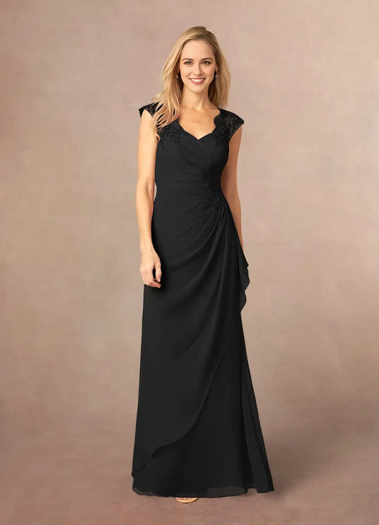 Fashionable A-Line Chiffon V Neck Cap Sleeves Lace V back Back Zip Floor-Length Mother of the Bride Dress Custom
