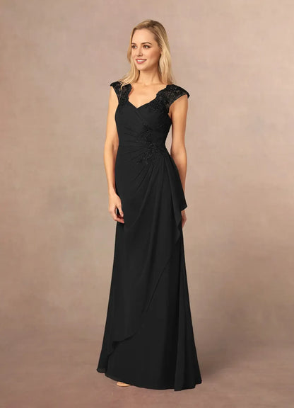 Fashionable A-Line Chiffon V Neck Cap Sleeves Lace V back Back Zip Floor-Length Mother of the Bride Dress Custom
