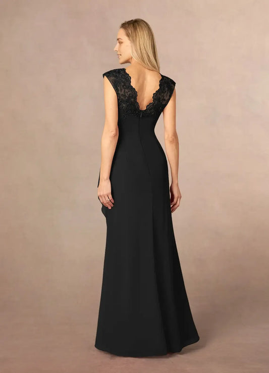 Fashionable A-Line Chiffon V Neck Cap Sleeves Lace V back Back Zip Floor-Length Mother of the Bride Dress Custom