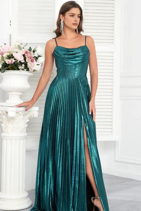 Fashionable A-Line Cowl Neck Spaghetti Strap Ruched Criss Cross Lace-Up Floor-Length High Side Slit Prom Dress