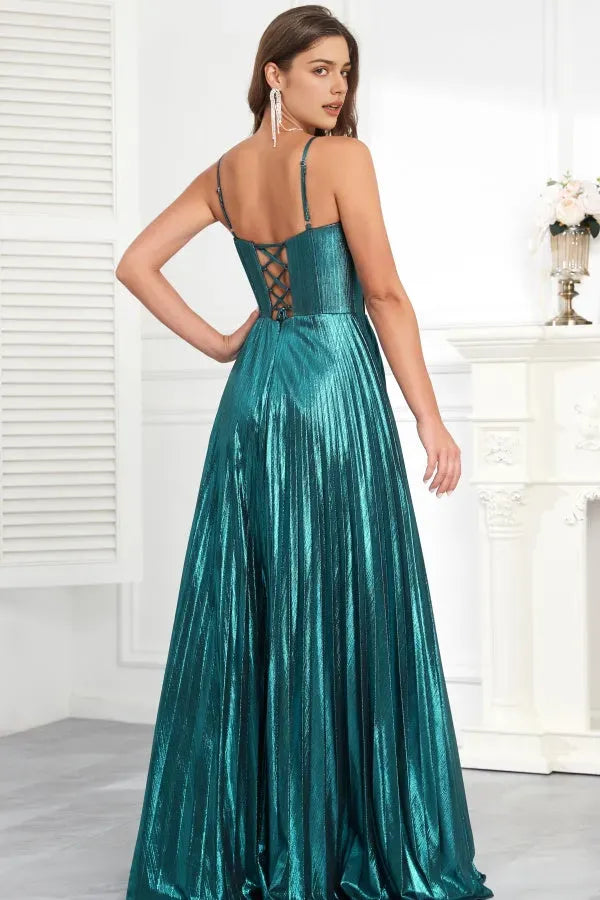 Fashionable A-Line Cowl Neck Spaghetti Strap Ruched Criss Cross Lace-Up Floor-Length High Side Slit Prom Dress