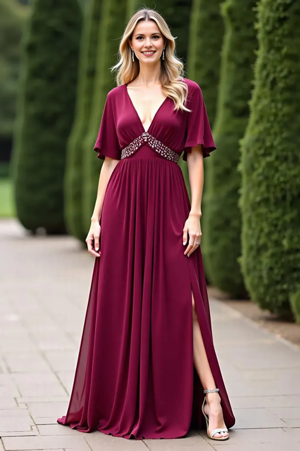 Fashionable A-Line Deep V-Neck Flutter Sleeve Open-Back Floor-Length Mother of the Bride Dress with Slit