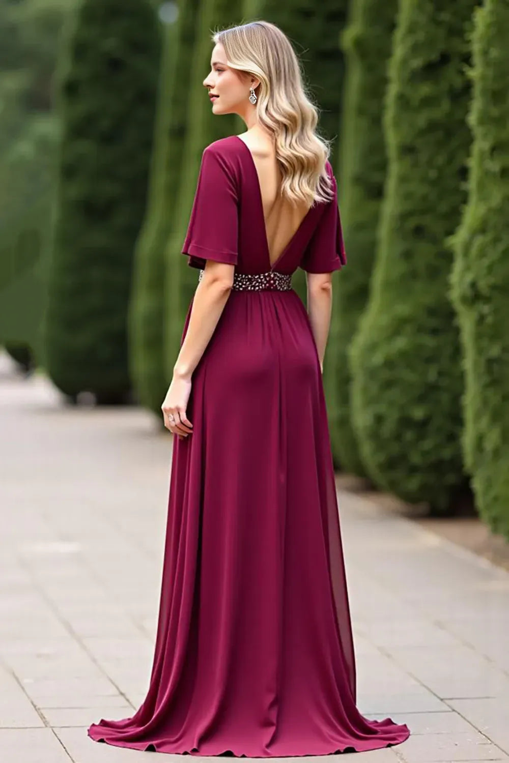Fashionable A-Line Deep V-Neck Flutter Sleeve Open-Back Floor-Length Mother of the Bride Dress with Slit