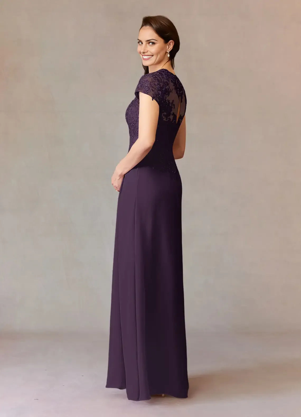 Fashionable A-Line Lace Sweetheart Cap Sleeves Keyhole Back Zip Floor-Length Mother of the Bride Dress ready to ship