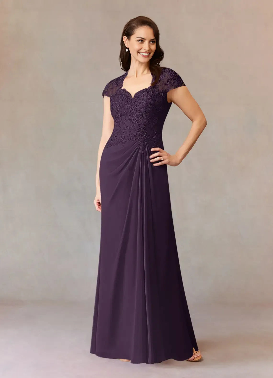 Fashionable A-Line Lace Sweetheart Cap Sleeves Keyhole Back Zip Floor-Length Mother of the Bride Dress ready to ship