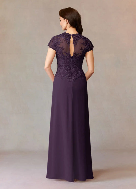 Fashionable A-Line Lace Sweetheart Cap Sleeves Keyhole Back Zip Floor-Length Mother of the Bride Dress ready to ship
