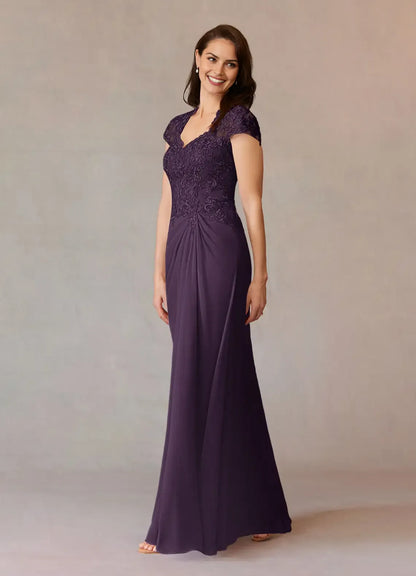 Fashionable A-Line Lace Sweetheart Cap Sleeves Keyhole Back Zip Floor-Length Mother of the Bride Dress ready to ship