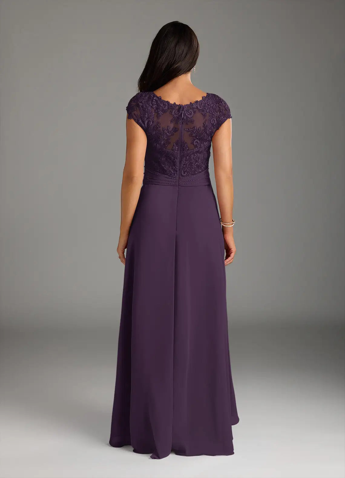 Fashionable A-Line Lace V-Neck Cap Sleeves Illusion Back Zip Asymmetrical  Mother of the Bride Dress hot sale