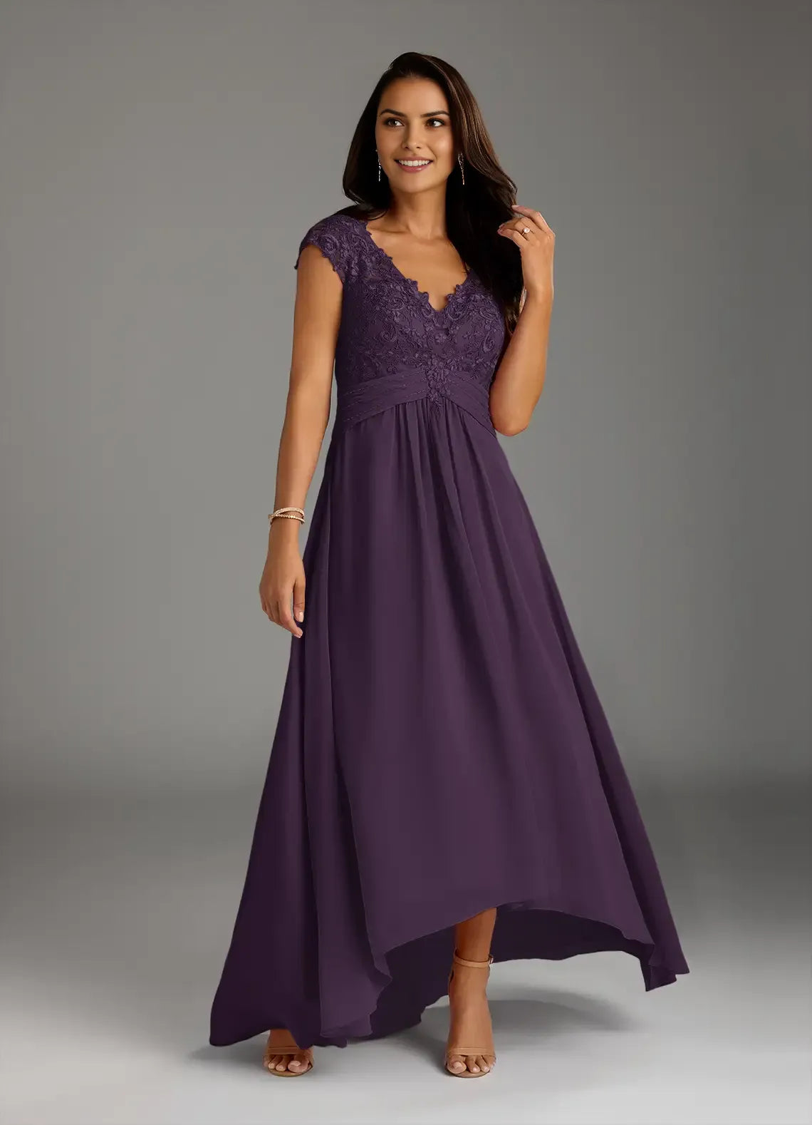 Fashionable A-Line Lace V-Neck Cap Sleeves Illusion Back Zip Asymmetrical  Mother of the Bride Dress hot sale