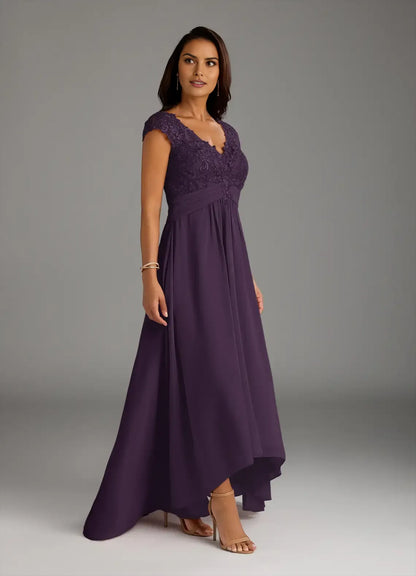 Fashionable A-Line Lace V-Neck Cap Sleeves Illusion Back Zip Asymmetrical  Mother of the Bride Dress hot sale