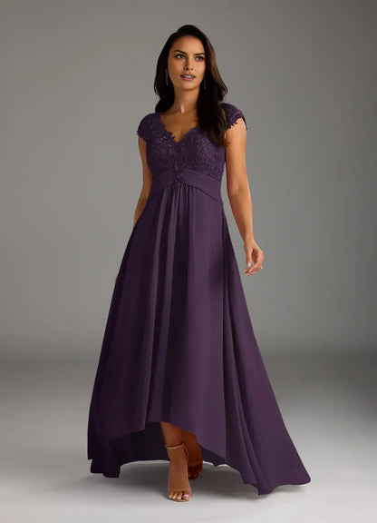 Fashionable A-Line Lace V-Neck Cap Sleeves Illusion Back Zip Asymmetrical  Mother of the Bride Dress hot sale