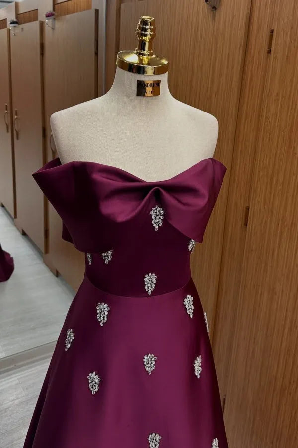 Fashionable A-Line Off Shoulder Sleeveless Bow Knot Beaded Lace Up Floor-Length Prom Dress Hot Sale