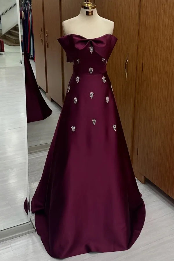 Fashionable A-Line Off Shoulder Sleeveless Bow Knot Beaded Lace Up Floor-Length Prom Dress Hot Sale
