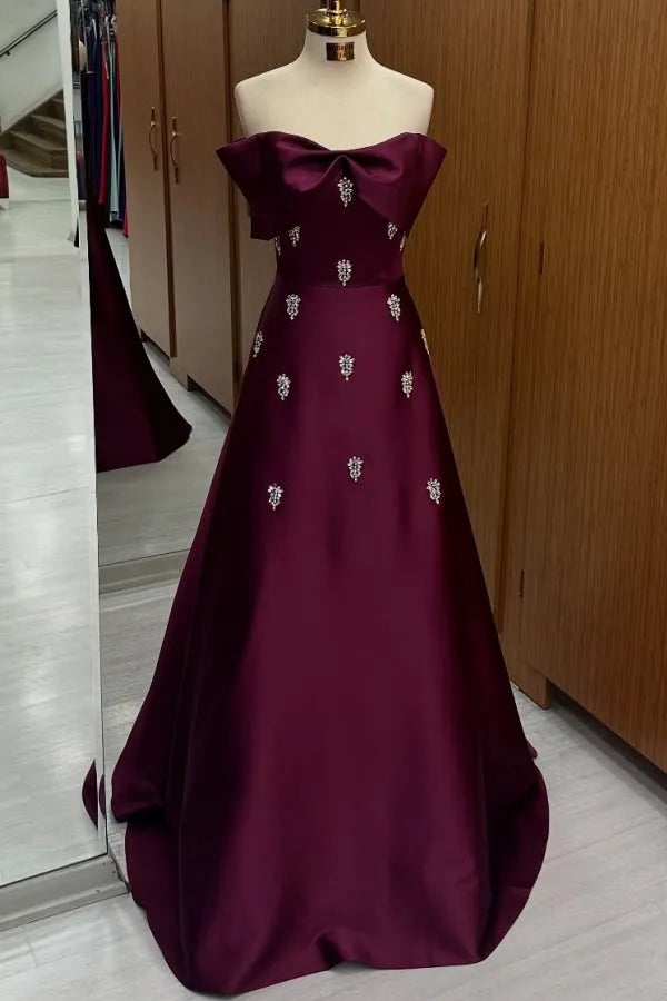 Fashionable A-Line Off Shoulder Sleeveless Bow Knot Beaded Lace Up Floor-Length Prom Dress Hot Sale