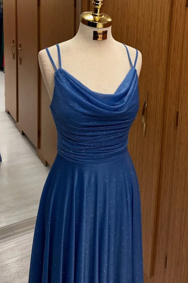 Fashionable A-Line Round Neck Spaghetti Straps Ruched Lace Up Floor-Length Prom Dress