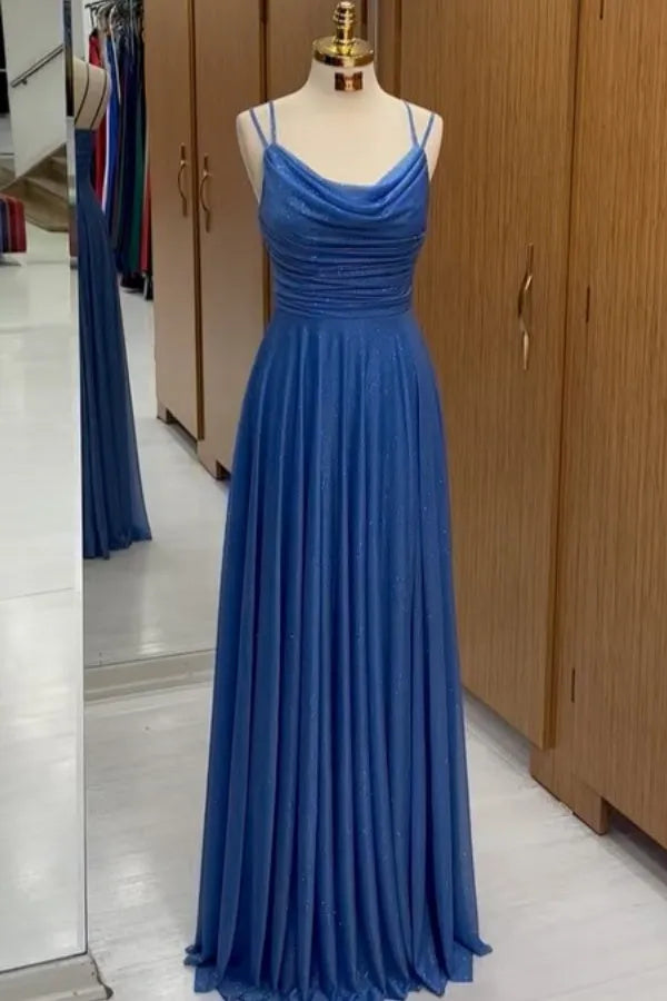 Fashionable A-Line Round Neck Spaghetti Straps Ruched Lace Up Floor-Length Prom Dress