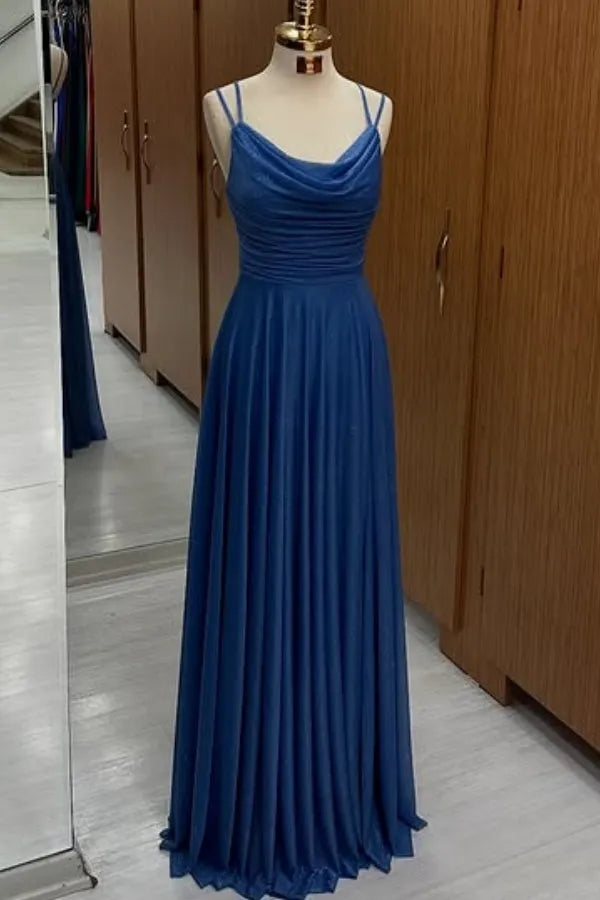 Fashionable A-Line Round Neck Spaghetti Straps Ruched Lace Up Floor-Length Prom Dress