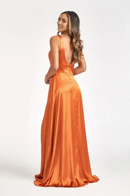 Fashionable  A-Line Satin illusion deep V-neck Sleeveless Back Zip Floor length side leg slit prom dress for women