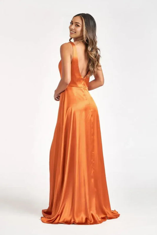Fashionable  A-Line Satin illusion deep V-neck Sleeveless Back Zip Floor length side leg slit prom dress for women