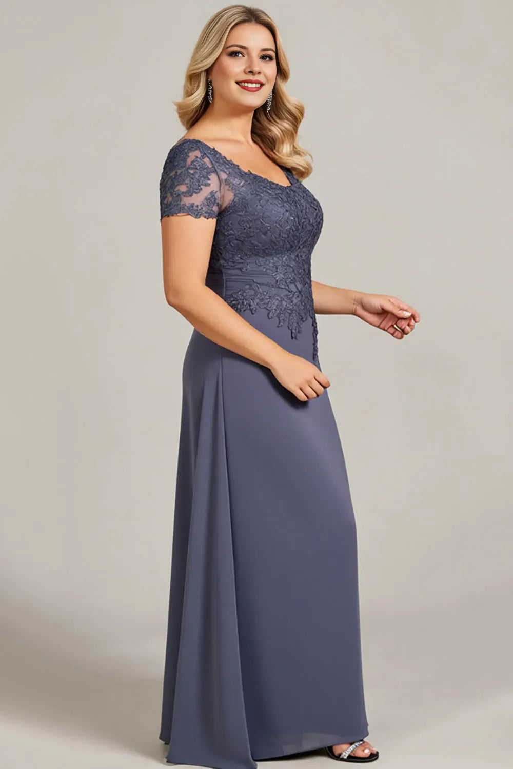 Fashionable A-Line Scoop Neck Lace Short Sleeve Ruched Appliqued Floor-Length Plus Size Mother of the Bride Dress
