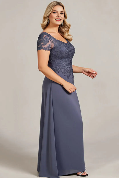 Fashionable A-Line Scoop Neck Lace Short Sleeve Ruched Appliqued Floor-Length Plus Size Mother of the Bride Dress