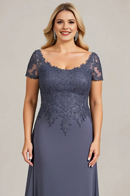 Fashionable A-Line Scoop Neck Lace Short Sleeve Ruched Appliqued Floor-Length Plus Size Mother of the Bride Dress