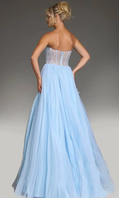 Fashionable A-Line Sweetheart Light Blue Strapless Back Zipper Floor-Length Tulle Ruffle Ball Gown Prom Dress
