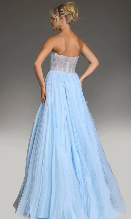 Fashionable A-Line Sweetheart Light Blue Strapless Back Zipper Floor-Length Tulle Ruffle Ball Gown Prom Dress