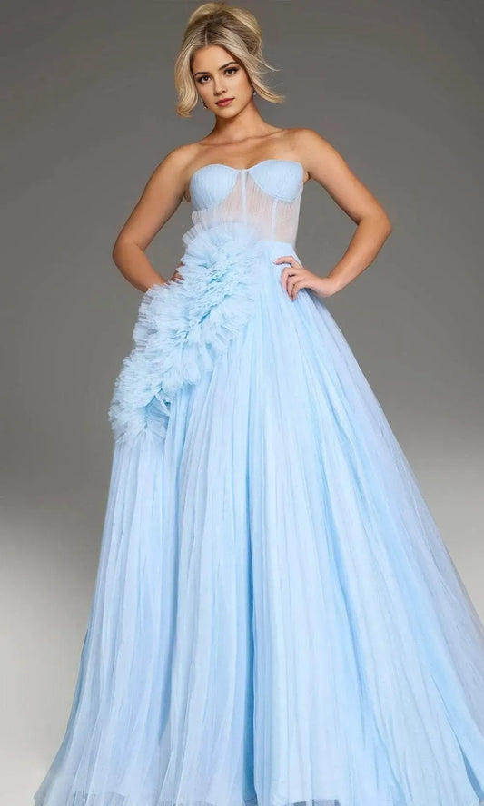 Fashionable A-Line Sweetheart Light Blue Strapless Back Zipper Floor-Length Tulle Ruffle Ball Gown Prom Dress