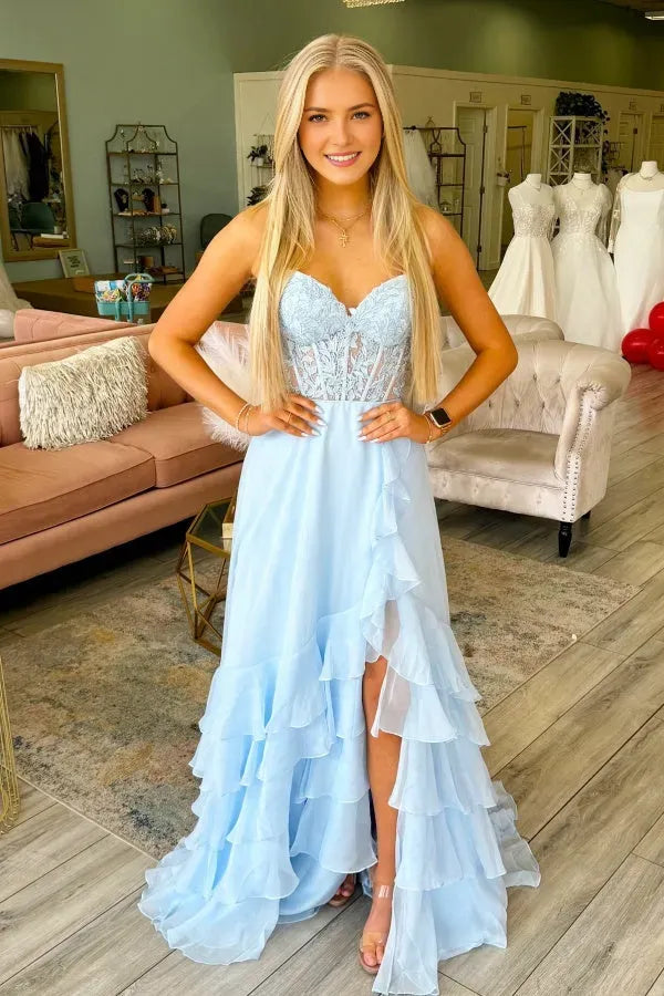 Fashionable A-Line Sweetheart Neck Sleeveless Lace Bodice Appliques Tiered Ruffled Chiffon High Side Slit Prom Dress ﻿