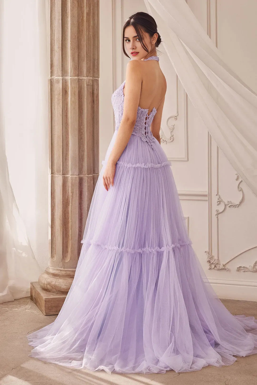 Fashionable A-Line Tulle illusion Halter V-neck Sleeveless Lace Appliques Lace Up Floor length prom dress for women for sale