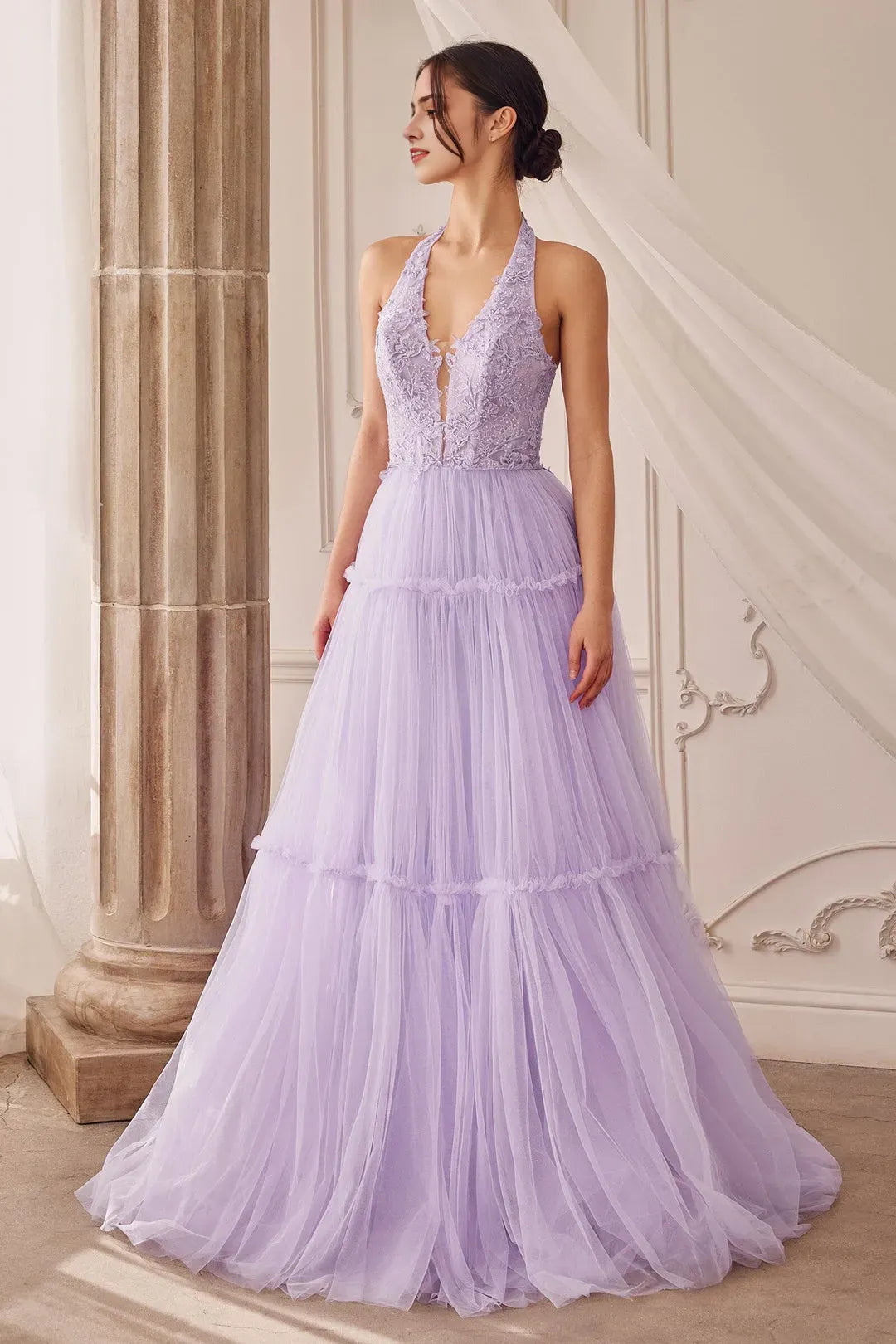 Fashionable A-Line Tulle illusion Halter V-neck Sleeveless Lace Appliques Lace Up Floor length prom dress for women for sale