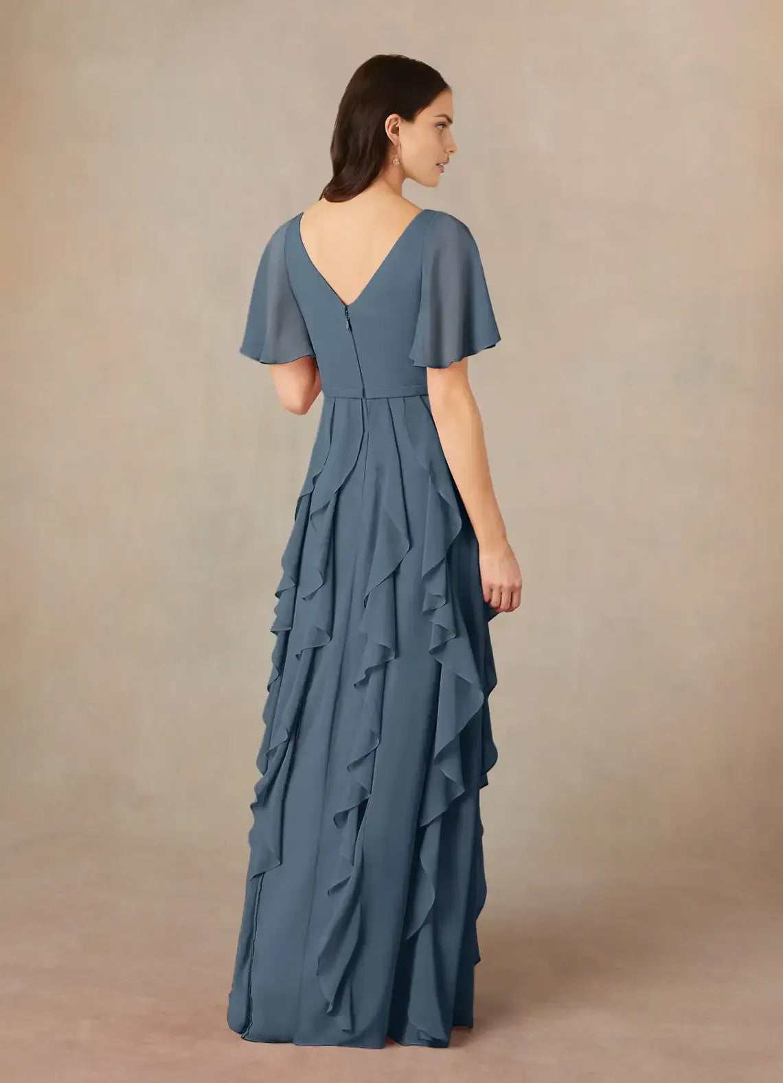 Fashionable A-Line V-Neck Flutter Sleeve Cascading Ruffles V back Back Zip  Floor-Length Mother of the Bride Dress Custom