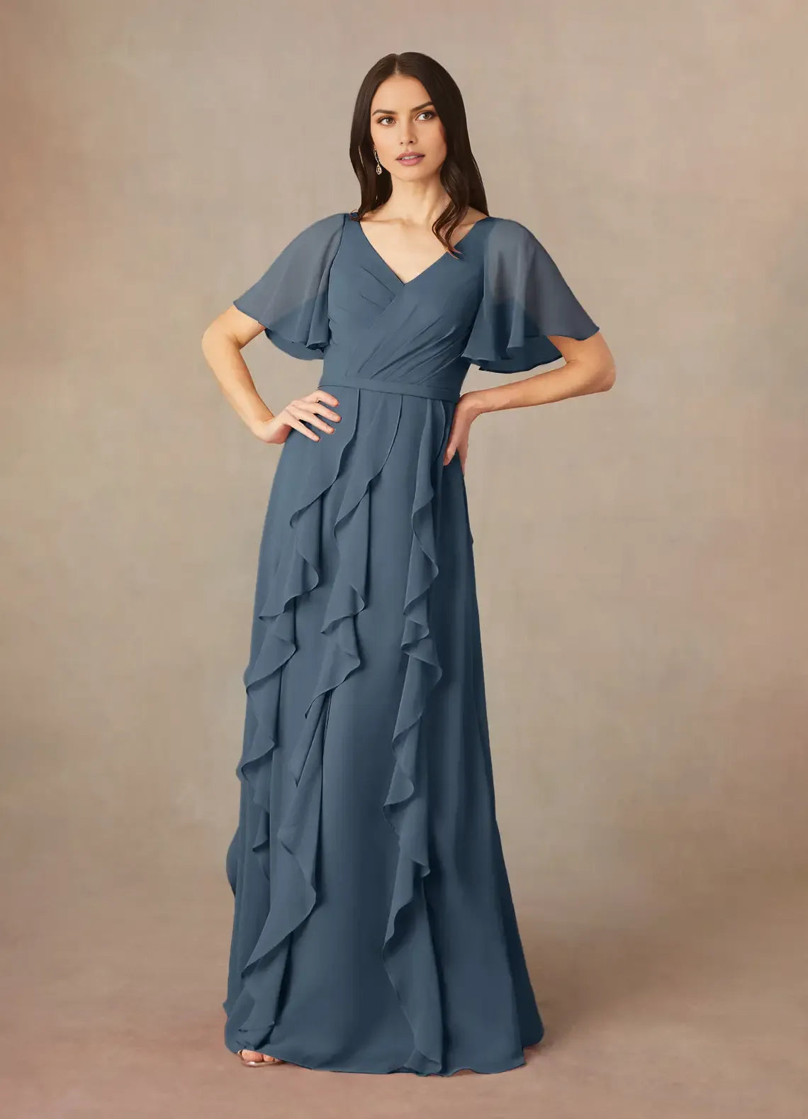 Fashionable A-Line V-Neck Flutter Sleeve Cascading Ruffles V back Back Zip  Floor-Length Mother of the Bride Dress Custom