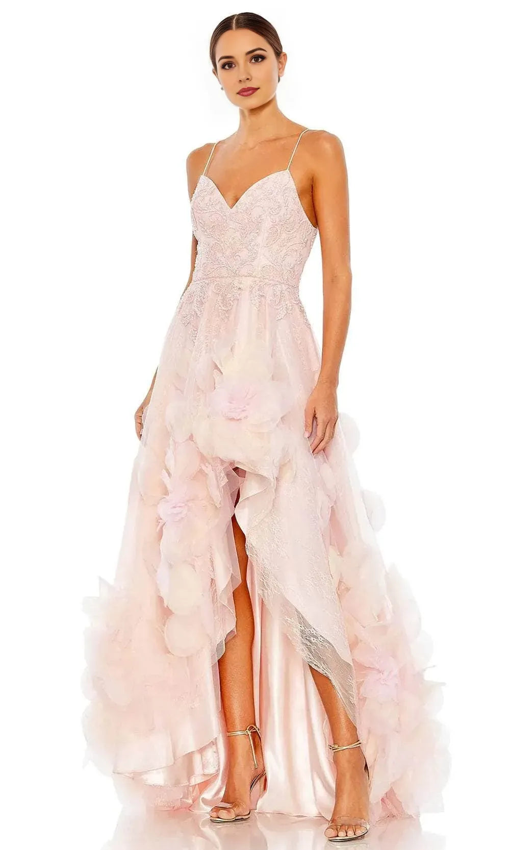 Fashionable A-Line V-Neck Spaghetti Strap Open Back Appliqued Tulle High Low Prom Dresses