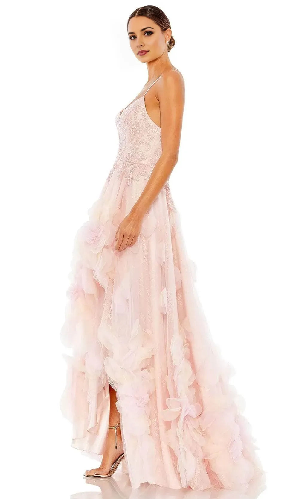Fashionable A-Line V-Neck Spaghetti Strap Open Back Appliqued Tulle High Low Prom Dresses