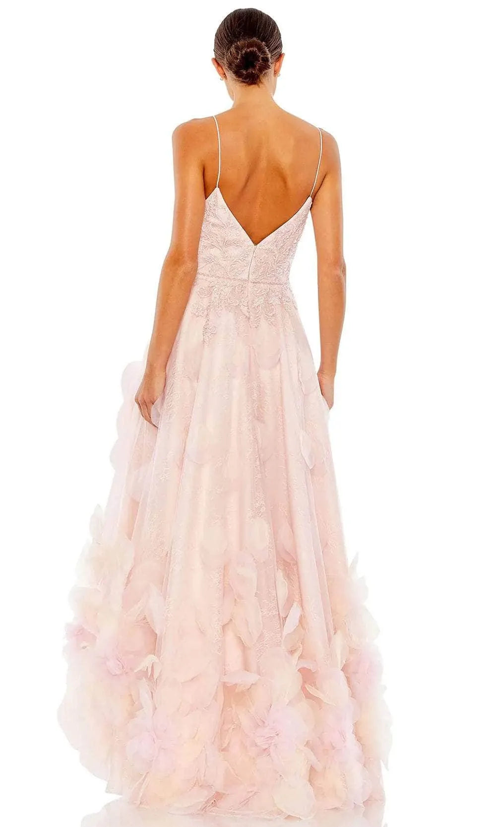 Fashionable A-Line V-Neck Spaghetti Strap Open Back Appliqued Tulle High Low Prom Dresses