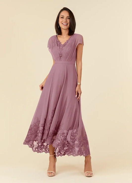 Fashionable A-Line Vintage Mauve V-Neck Lace Pleated Flutter Sleeve Back Zip Asymmetrical Mother of the Bride Dress for women hot sale