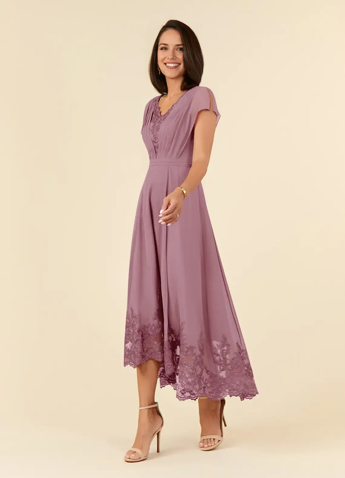 Fashionable A-Line Vintage Mauve V-Neck Lace Pleated Flutter Sleeve Back Zip Asymmetrical Mother of the Bride Dress for women hot sale