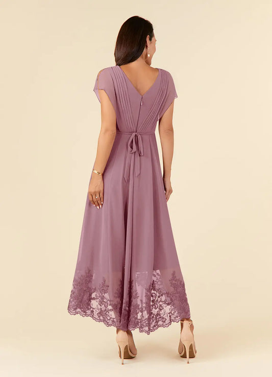 Fashionable A-Line Vintage Mauve V-Neck Lace Pleated Flutter Sleeve Back Zip Asymmetrical Mother of the Bride Dress for women hot sale