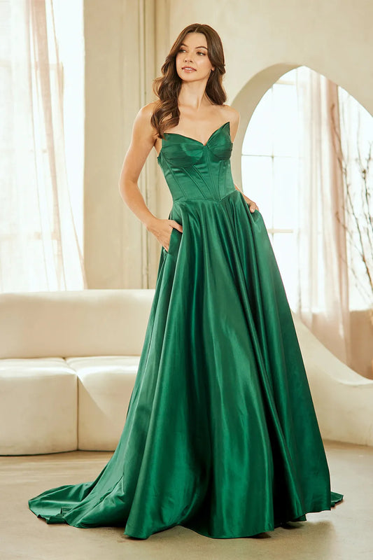 Fashionable A-line Satin V-neck Strapless  Lace Up Floor length prom dress for women for sale