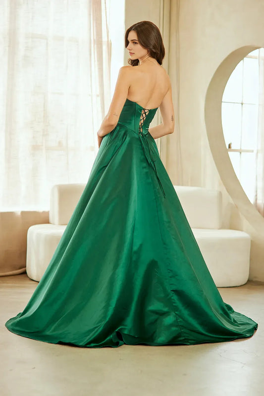 Fashionable A-line Satin V-neck Strapless  Lace Up Floor length prom dress for women for sale