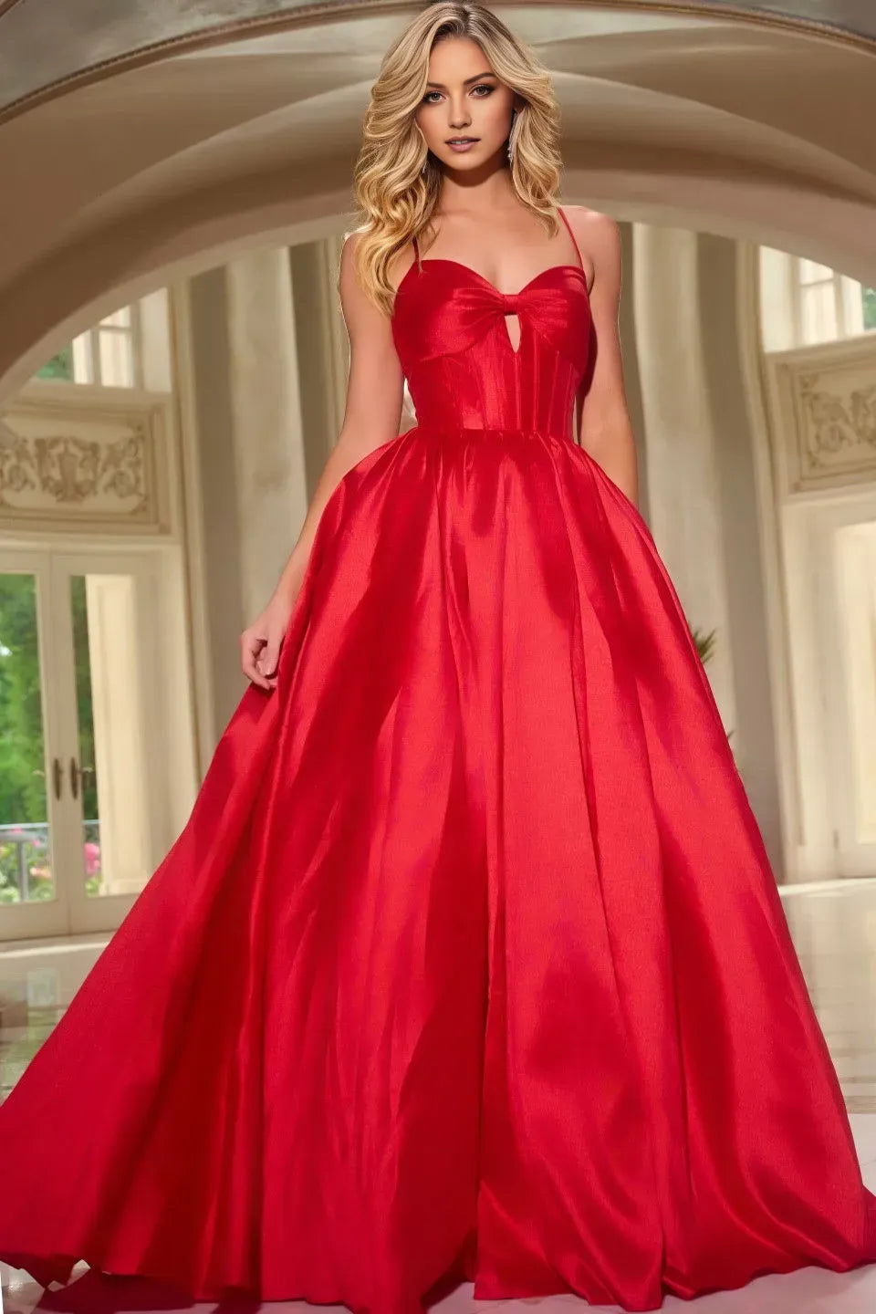 Fashionable A-line Sweetheart Spaghetti Strap Bow Embellished Lace-Up Back Floor-Length Satin Prom Dresses