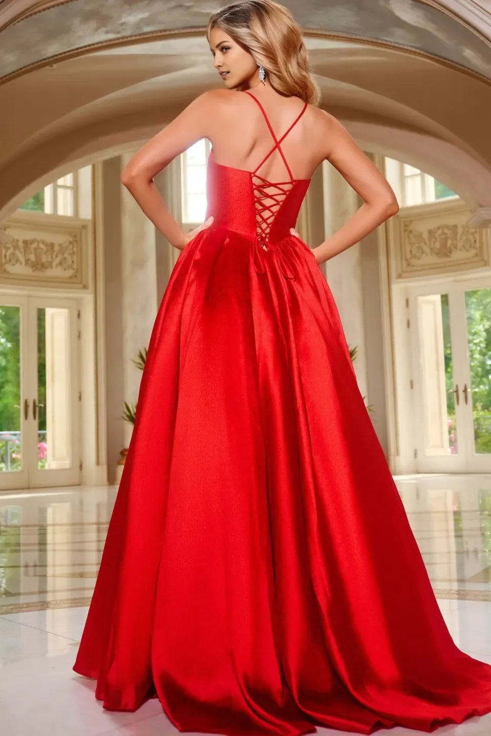 Fashionable A-line Sweetheart Spaghetti Strap Bow Embellished Lace-Up Back Floor-Length Satin Prom Dresses