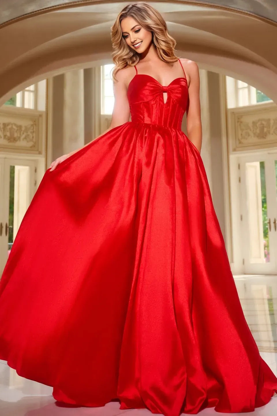 Fashionable A-line Sweetheart Spaghetti Strap Bow Embellished Lace-Up Back Floor-Length Satin Prom Dresses