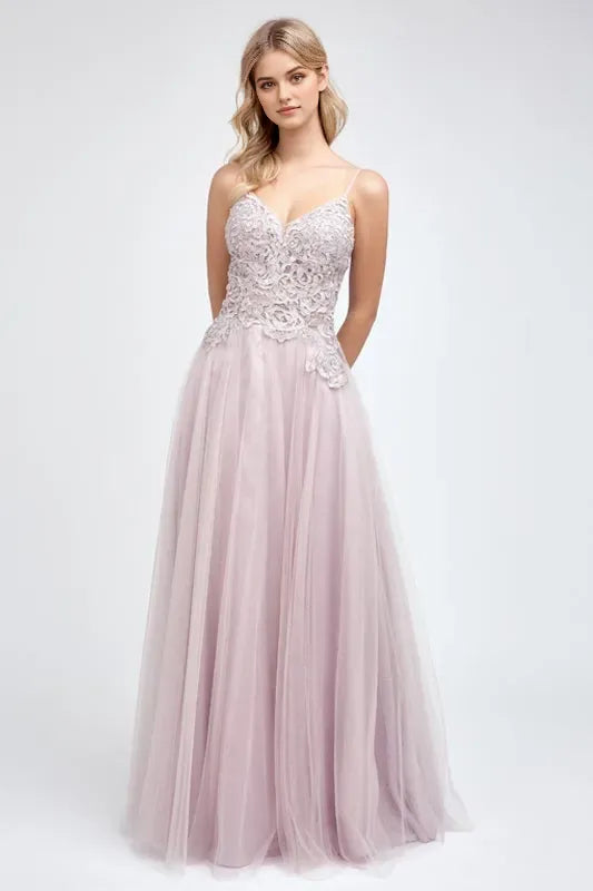Fashionable A-line Tulle embroidered v-neck Sleeveless Back Zip Floor length prom dress for women hot sale ﻿