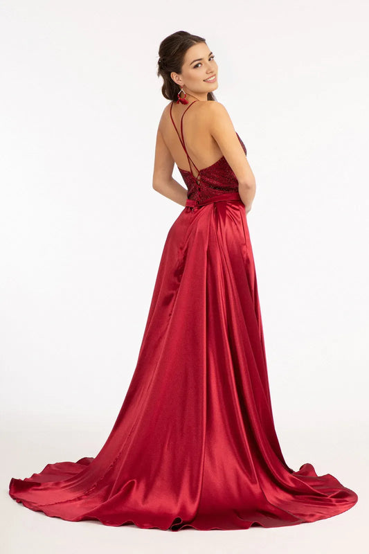 Fashionable A-line V Neck sleeveless Lace Up Floor length side leg slit prom dress for women hot sale
