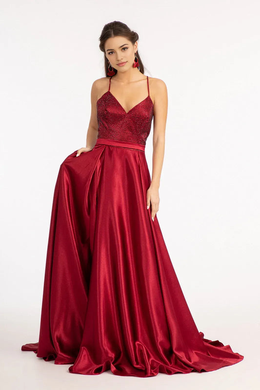 Fashionable A-line V Neck sleeveless Lace Up Floor length side leg slit prom dress for women hot sale