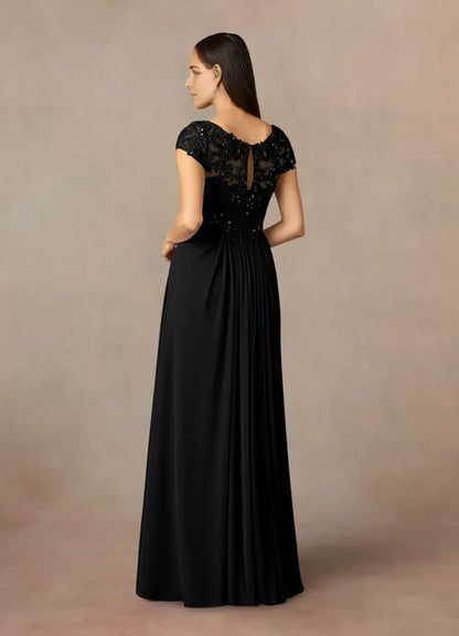 Fashionable Black A-Line V-Neck Sequin Lace Cap Sleeves Keyhole Back Zip Floor-Length Mother of the Bride Dress for sale