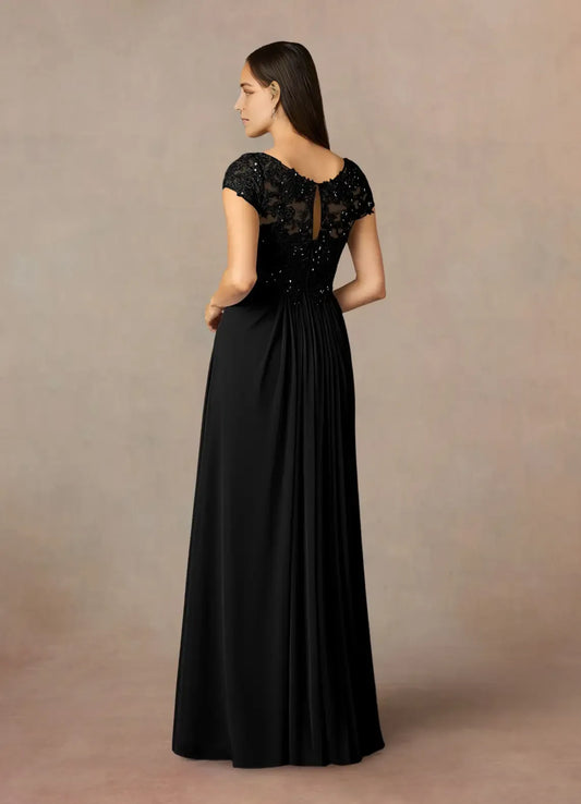 Fashionable Black A-Line V-Neck Sequin Lace Cap Sleeves Keyhole Back Zip Floor-Length Mother of the Bride Dress for sale